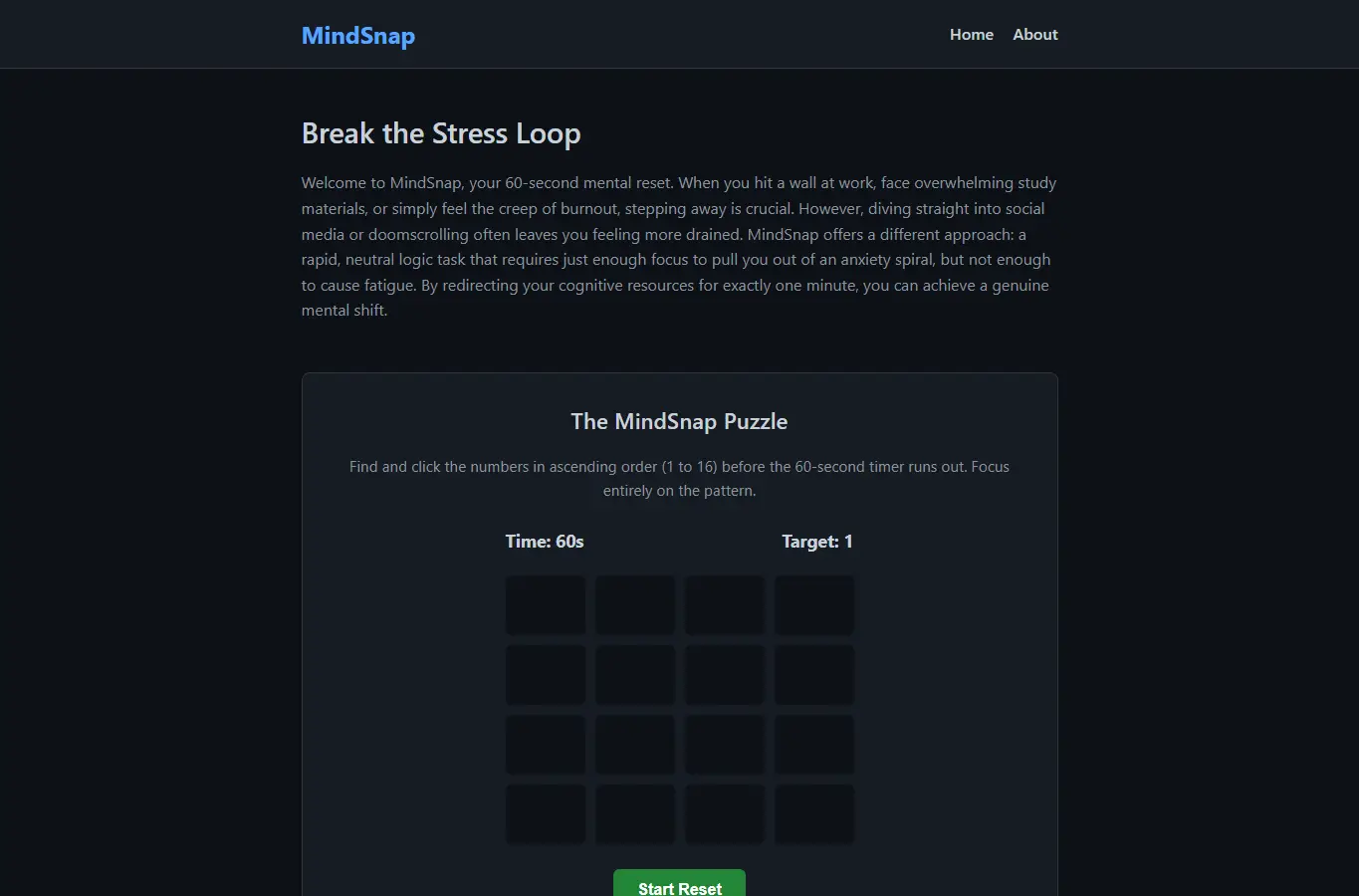 Screenshot of MindSnap: 60-Second Reset interface showing the project page in use